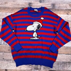 Peanuts Snoopy Christmas Sweater Large Red Blue Striped Santa Hat Pullover
